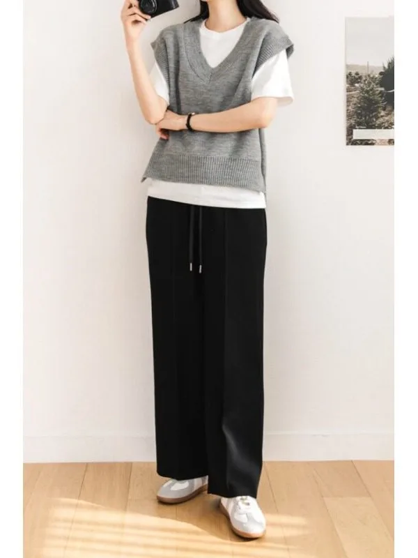 Korean Style High Waist Drawstring Loose Fit Straight Leg Casual Trousers Dual Pockets Slightly Drapey Versatile Women's Pants