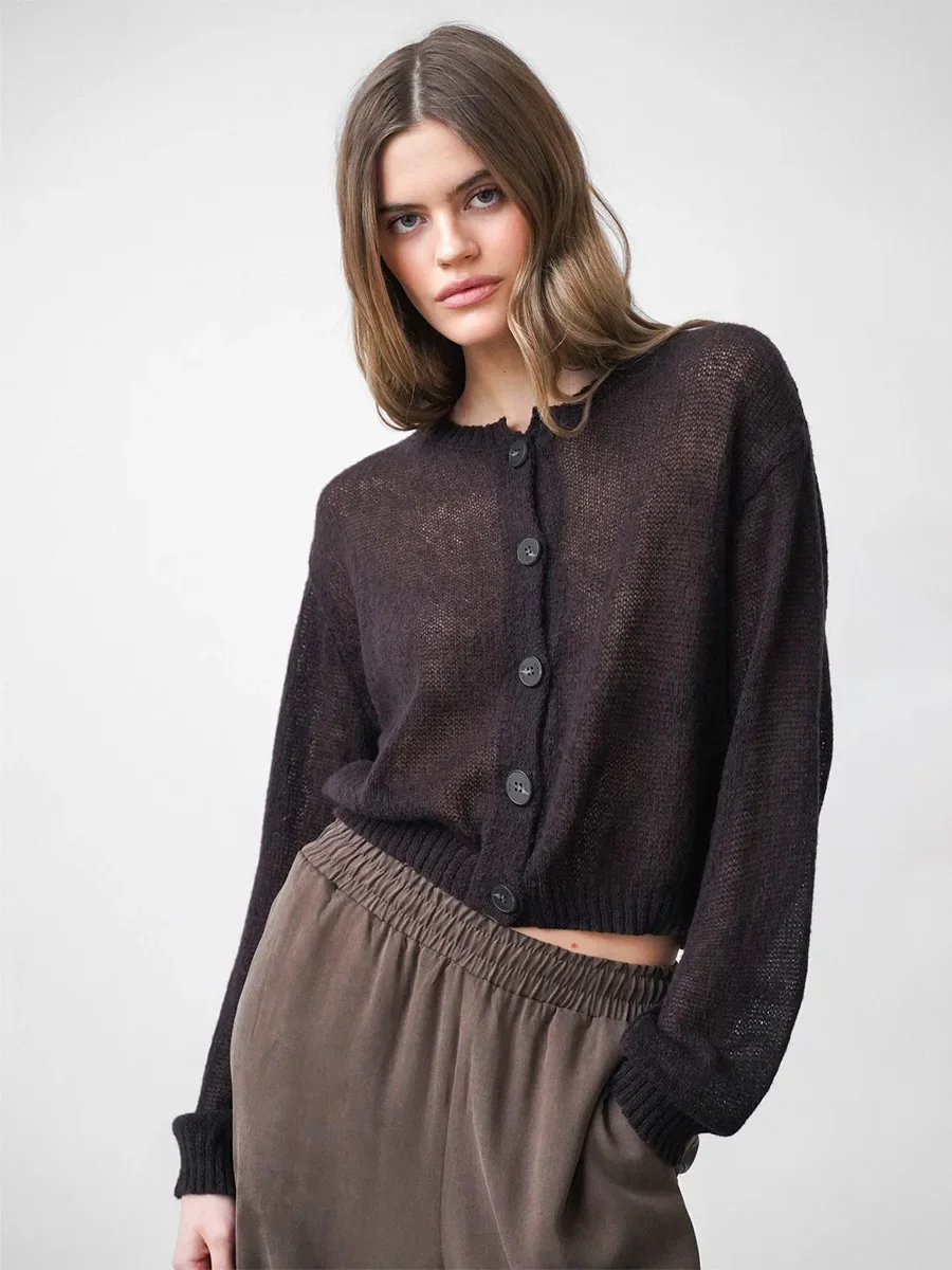 

Blubelle Women's Autumn Winter Solid Color Knit Cardigan Minimalist Design Button Front Short Casual Sweaters