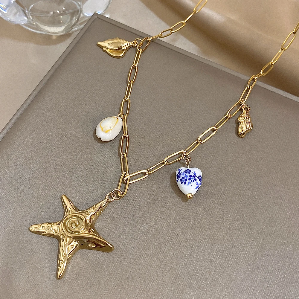 

Freetry New Waterproof Starfish Scallop Ceramic Bead Pendant Necklace for Women Boho Stainless Steel Choker Summer Neck Jewelry