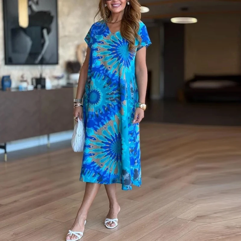 Elegantes Damenkleid, Boho, V-Ausschnitt, kurze Ärmel, lockere Vintage-Kleider, Damen, lässig, Strandparty, Midikleid