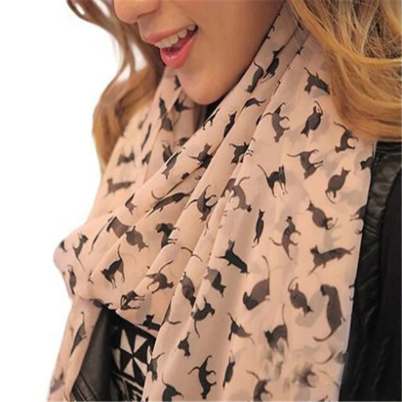 New Fashion Scarves Women Chiffon Colorful Printed Sweet Cartoon Cat Kitten Scarf Graffiti Style Shawl Girls Christmas Gift 0133