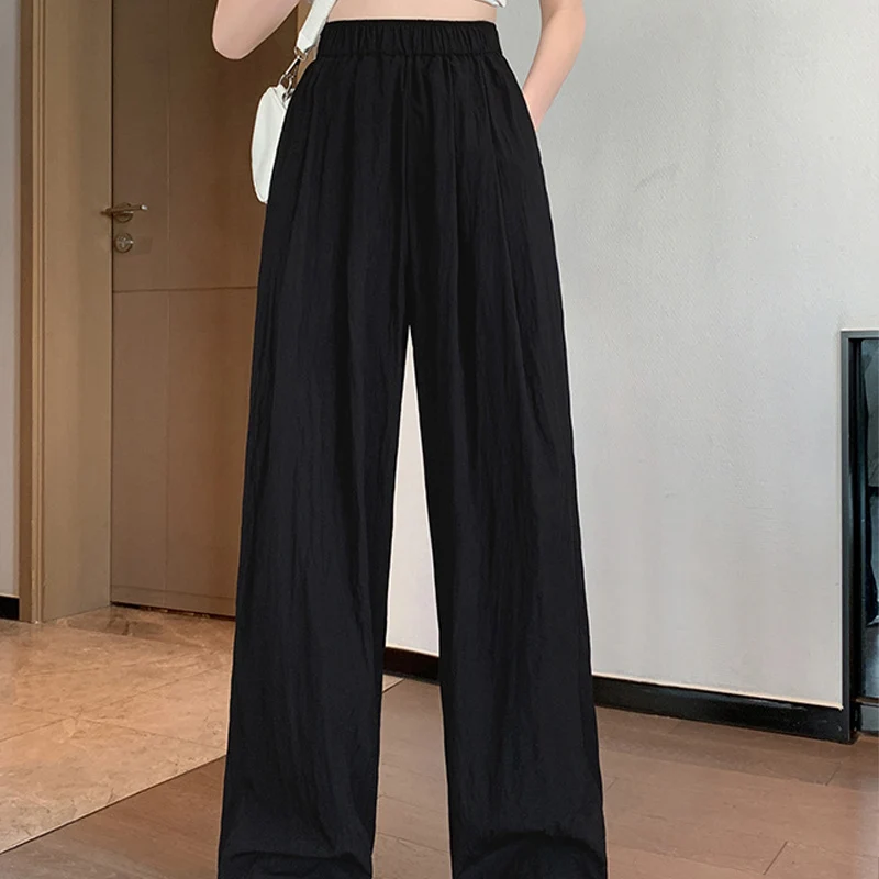 Spring Summer New Solid Color Fashion Elastic Waist Wide Leg Trousers Women Elegant Casual Loose Chic Pockets Patchwork Trouser