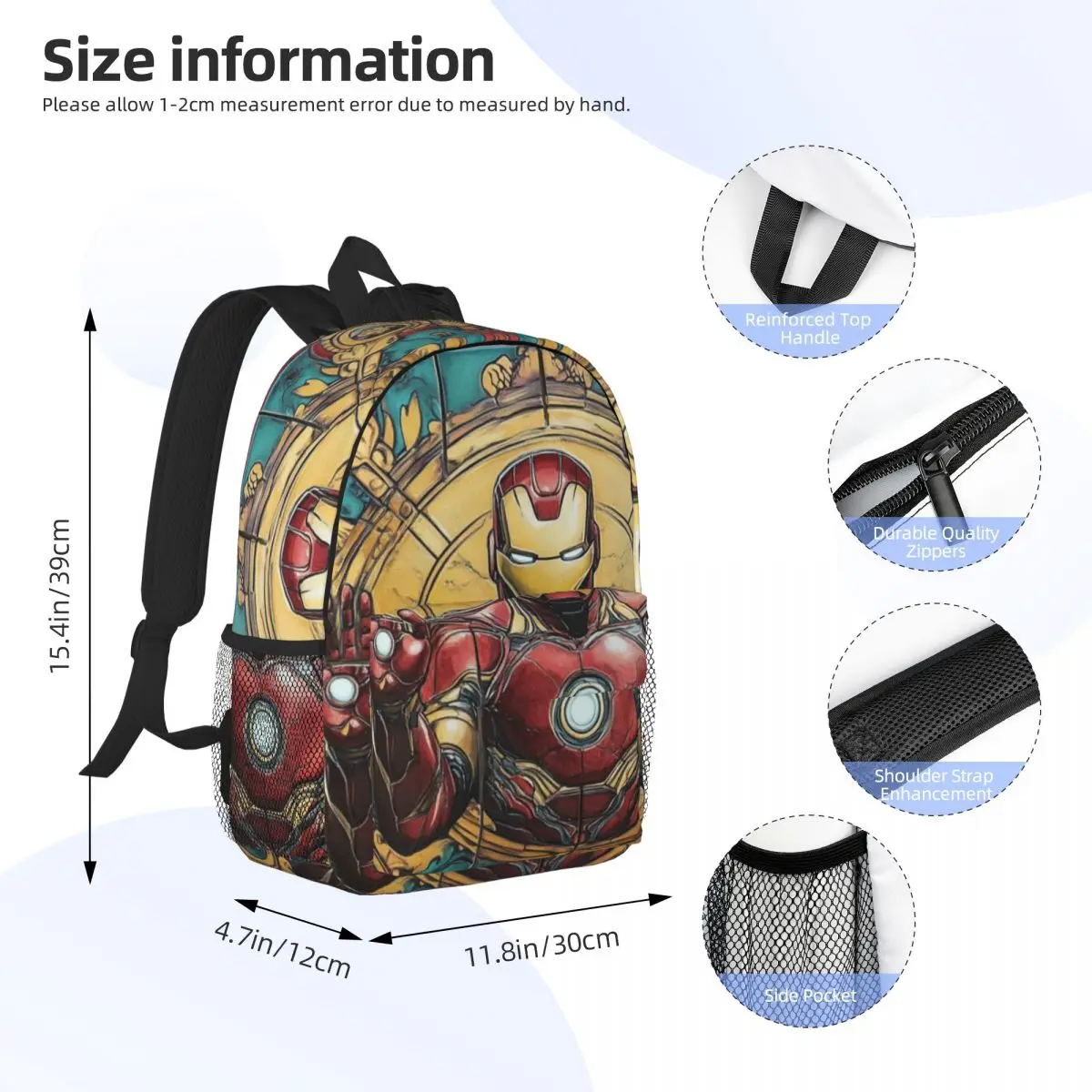Mochila Iron Man durável de 15 polegadas – Design leve e ergonômico para conforto e conveniência