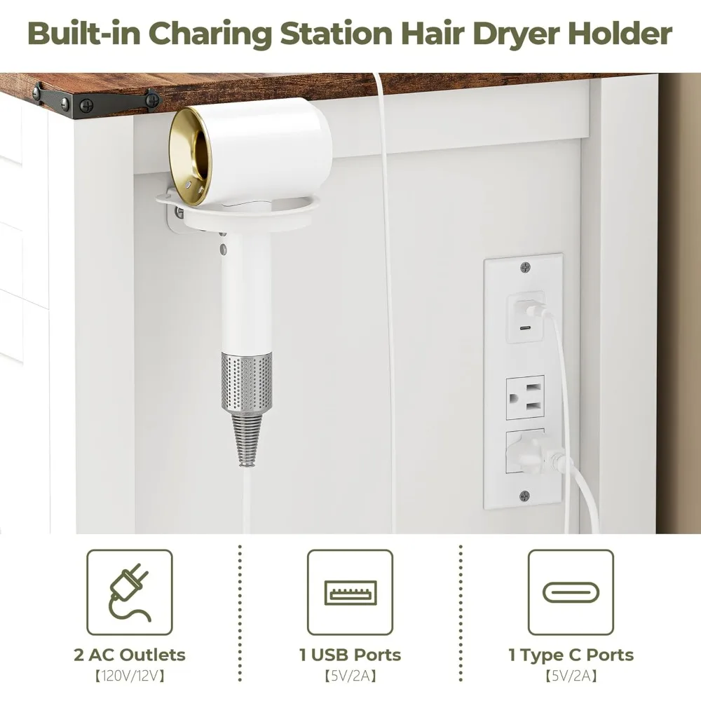 طاولة زينة للمكياج مع مرآة منزلقة، 3 ألوان إضاءة، مخرج طاقة، مكتب حديث على طراز المزرعة