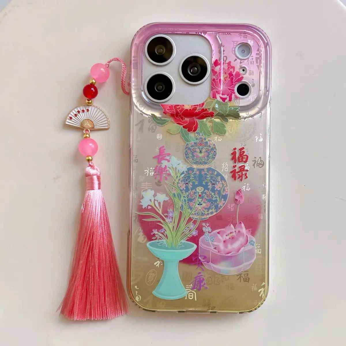 Traditional Chinese Gradient Peony Lantern Pink Fan Tassel Phone Case for iPhone 18 17 16 15 14 11 12 13 Pro Max Plus Back Cover
