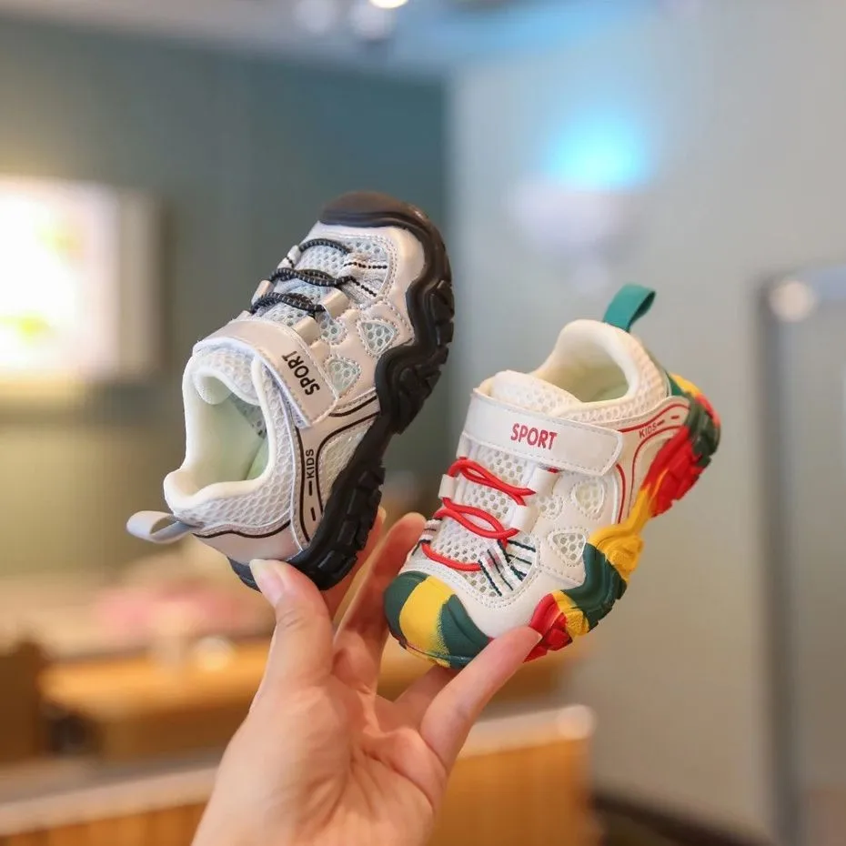 

Детские кроссовки, новые летние спортивные сандалии для бега с дышащей сеткой для мальчиков и девочек, детская модная брендовая дизайнерская обувь на мягкой подошве