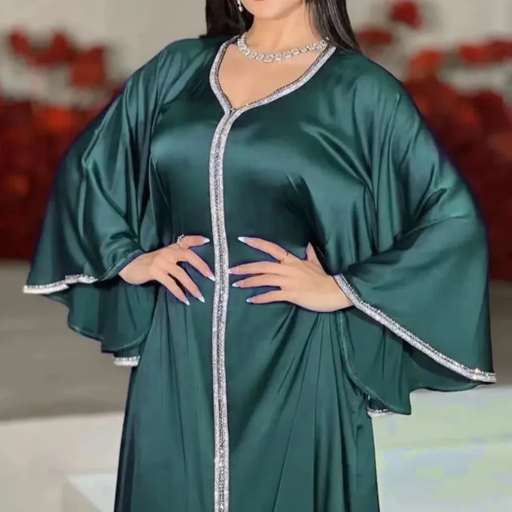 2023 New Muslim Abaya Women Fashion Crystal Caftan Marocain Islam Clothing Big Sleeve Satin Party Evening Dress Ramadan Clothes