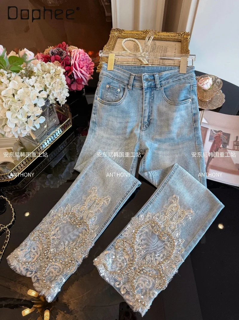 

2026 New Korea Chic Heavy Industry Beaded Rhinestone Hollow Mesh Jeans High Waist Slim Pants Temperament Straight-leg Pants