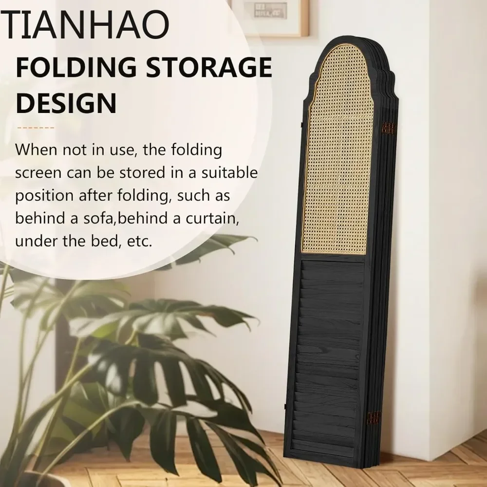 6 Panel Rattan Room Divider, 6 FT Tall Portable Partition Solid Wood Frame Folding Privacy Screen, Partition Room Divider Ideal