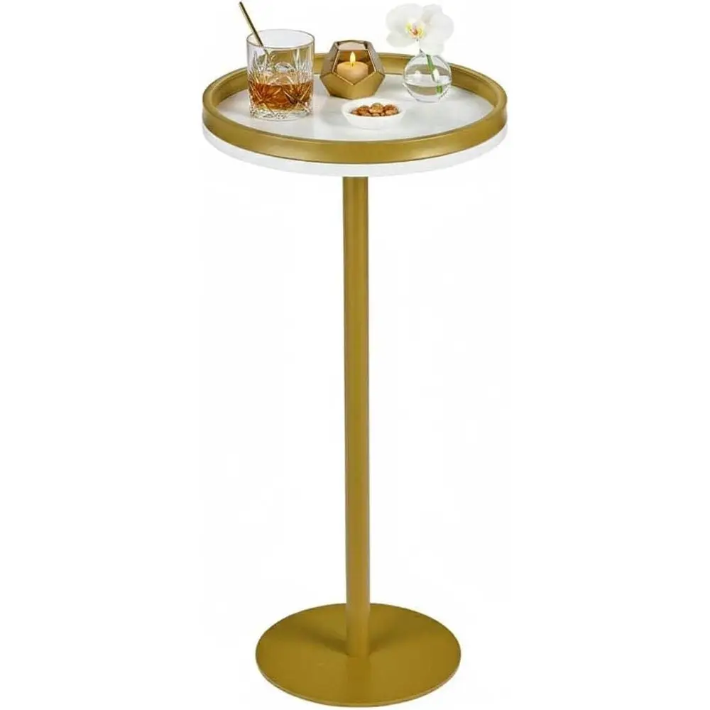 

Weighted Base Small Round Drink Table, White & Gold, Tray Top for Living Room, Sofa Side, 24.7 Tall