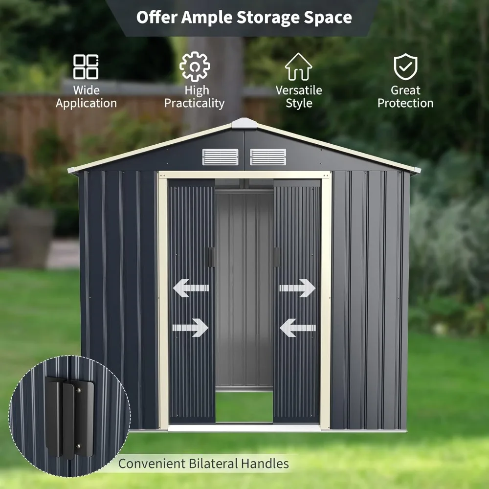 Storage Shed, Metal 7’ X 4’ Outdoor Building Organizer with 4 Vents & Double Sliding Door for Garden Backyard Farm (7'X4')