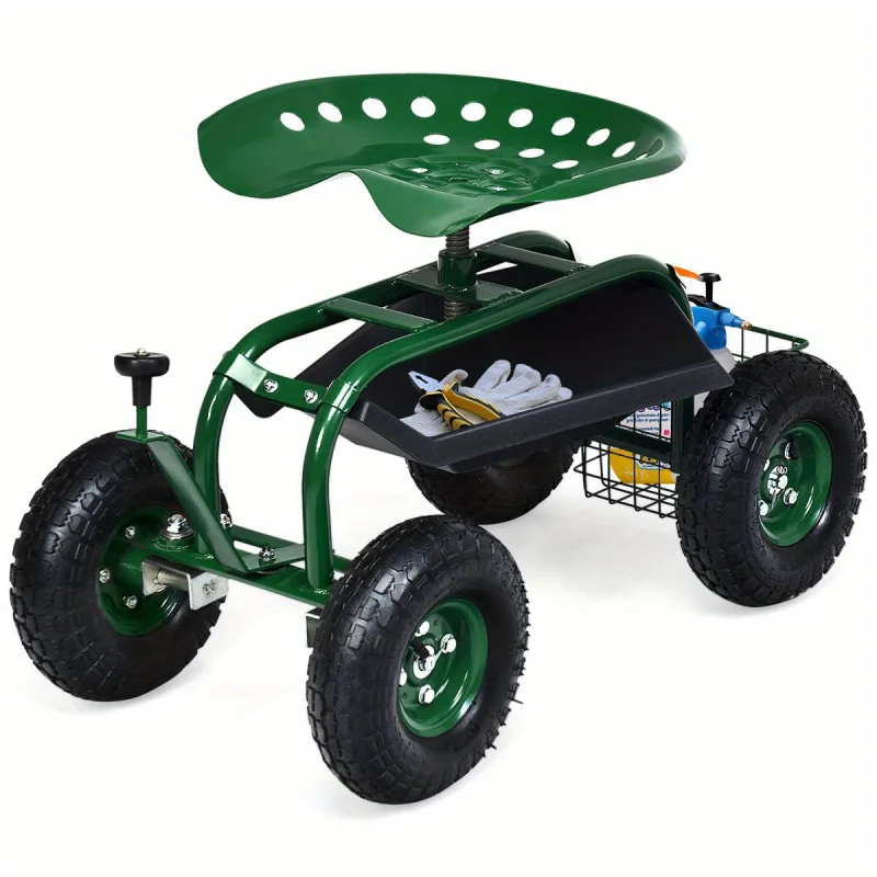 Garden Cart Patio Wagon Rolling Work Seat w/ Tool Tray Basket Planting Green