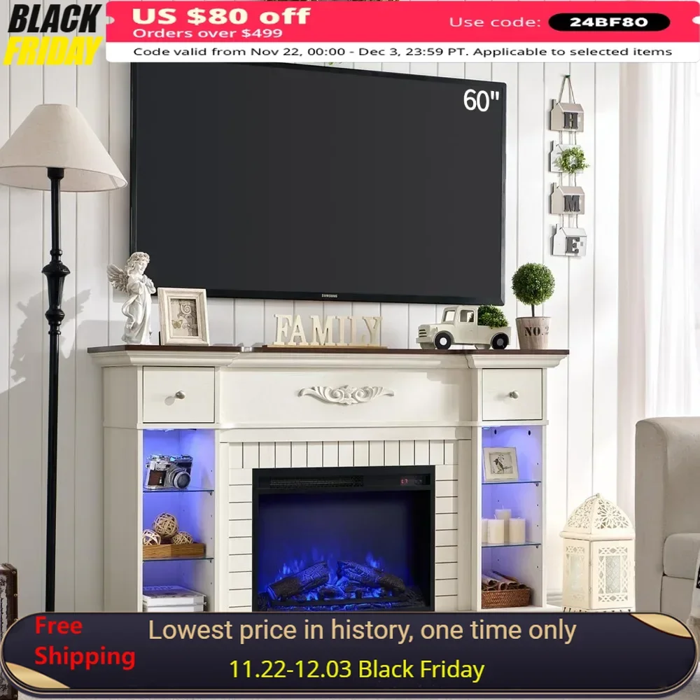 TV Stand for 60 Inch TVs with 7 Color&Open Adjustable Shelves&Drawers 23'' Fireplace Insert Heater Electric Fireplace TV Console