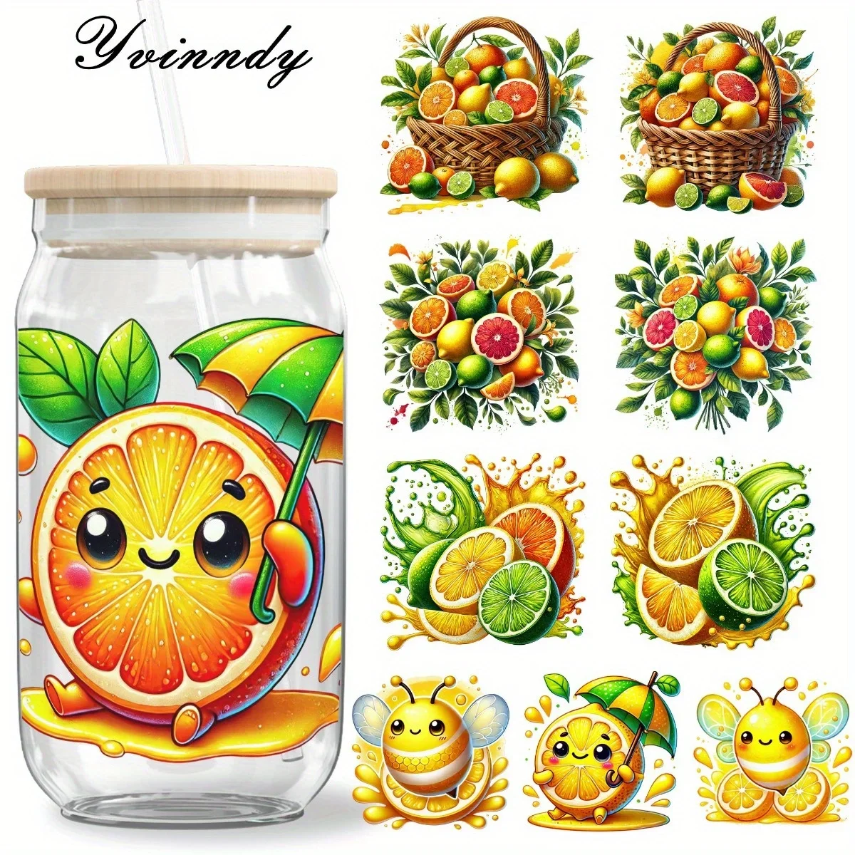 

5Pcs/Set Watercolor Lemon 16OZ Glass Jar Transfer Paper UV DTF High Self-Adhesive Transfer Paper Suitable For Decorating Cups