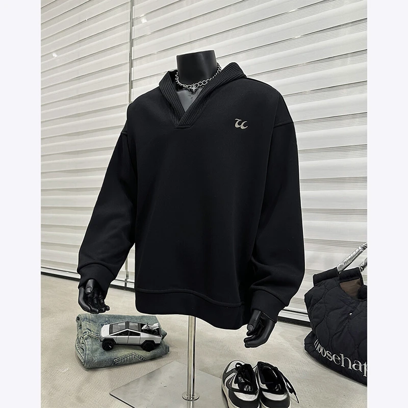 Hip Hop Men Streetwear Contrast Color Hooded Oversize Casual Hoodie American Retro Style V-neck Pullover Hooded