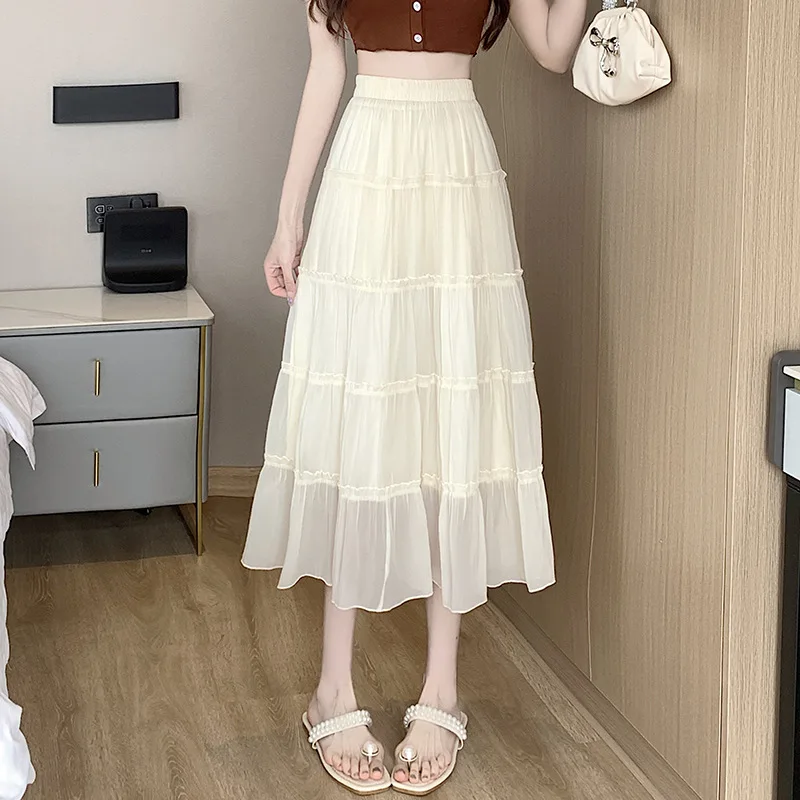 Women's Black Tencel Chiffon A-Line Cake Skirt, High Waist, Slimming, Long, Mid Length, Medium length skirt mini skirt 2024