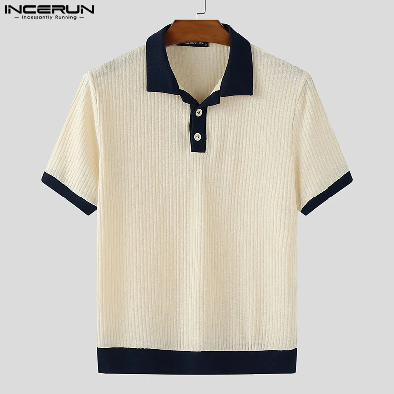 

INCERUN Men T Shirts Patchwork Knitted Lapel Short Sleeve Summer Male Tee Tops Streetwear 2025 Fashion Casual Men Clothing Tops