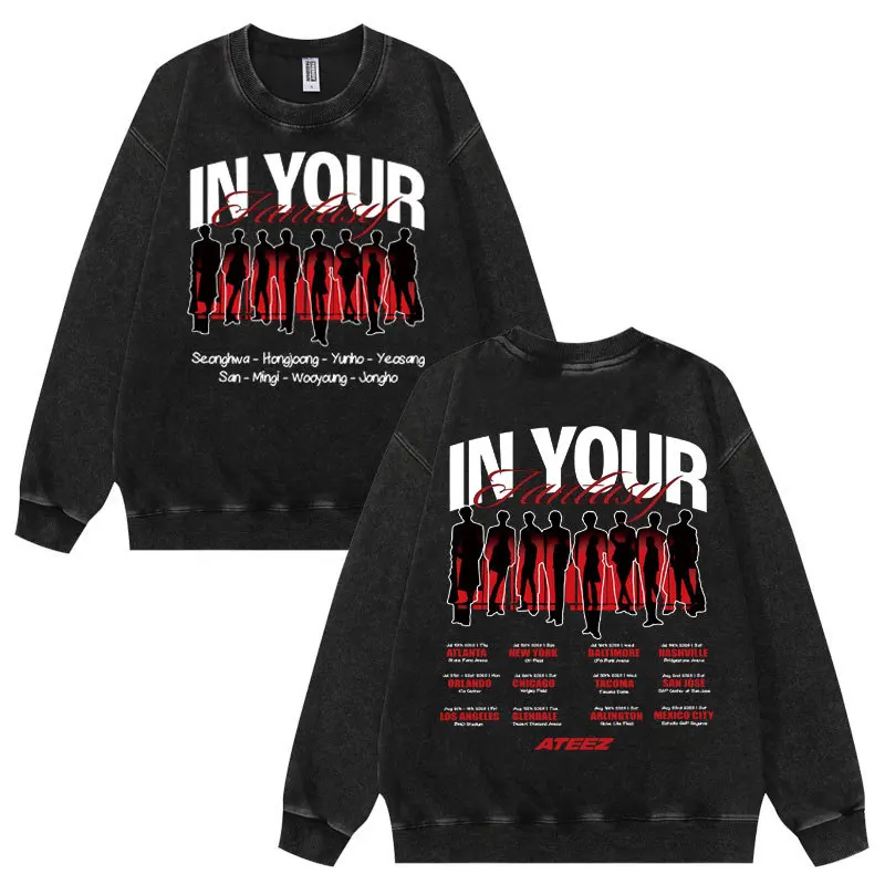 Ateez in Your Fantasy World Tour خمر غسل هوديي النساء الرجال س الرقبة طويلة الأكمام Crewneck البلوز بلوزة فضفاضة غير رسمية القمم