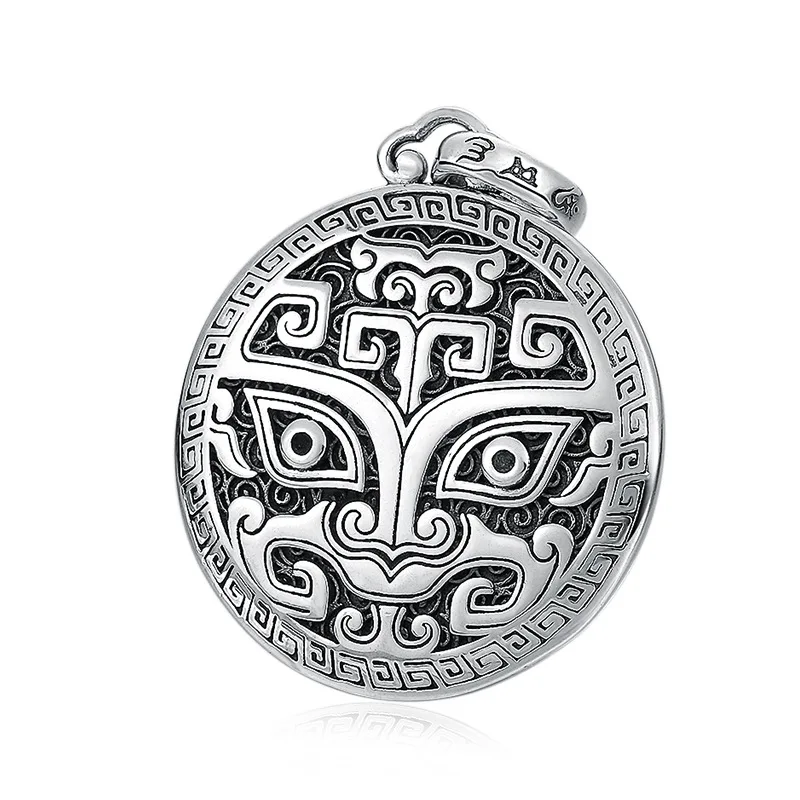 s925 sterling silver retro gluttonous animal face solid pendant men's Thai silver glossy double-side pendant jewelry