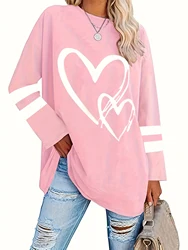 Plus Size eyelet hollow solid heart-shaped printed long-sleeved top autumn and winter women's casual T-shirt with light stretch