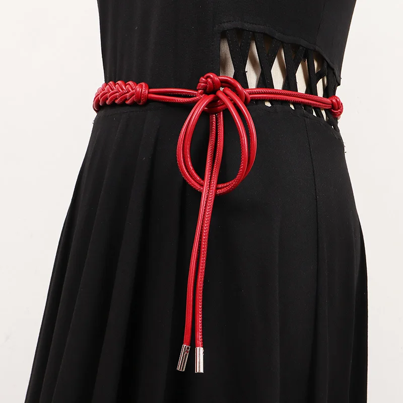 [EAM] Pu Leather Red White Bandage Long Elegant Belt Personality Women New Fashion Tide All-match Spring Autumn 2024 1DH7493