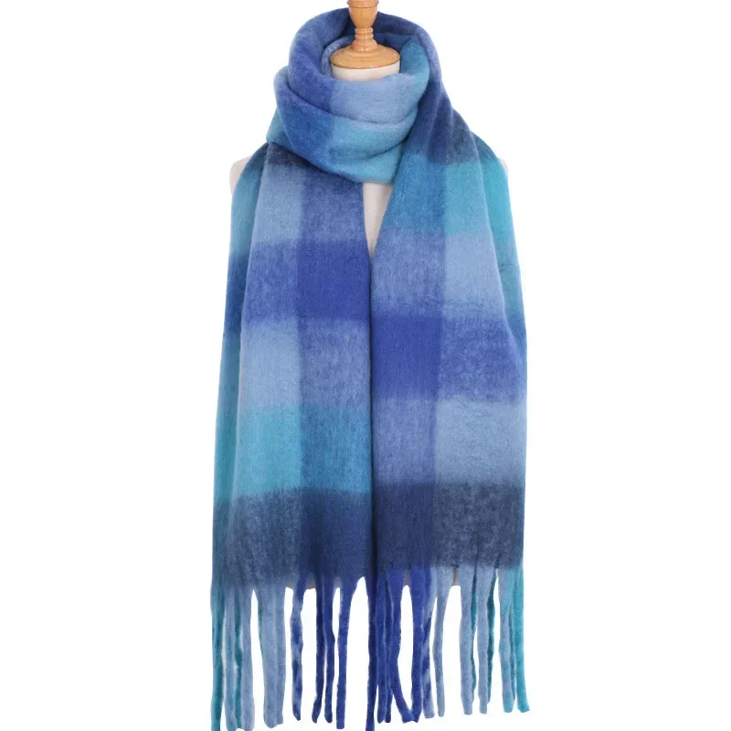 New Winter AC British Plaid Scarf Women Luxury Brand Imitation Cashmere Thickened Warm Tassel Rainbow Shawl Foulard