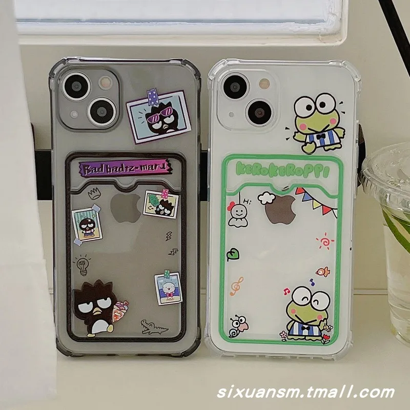Sanrio Keroppi Bad Badtz Maru Card Pocket Phone Case For NEW Iphone 15 12 13 Pro Max Silicone Transparent Cover