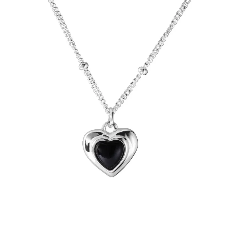 Real Shot Girl\'s Heart Sweet S925 Sterling Silver Love Black Agate Necklace Femininity Heart Pendant Collarbone Chain
