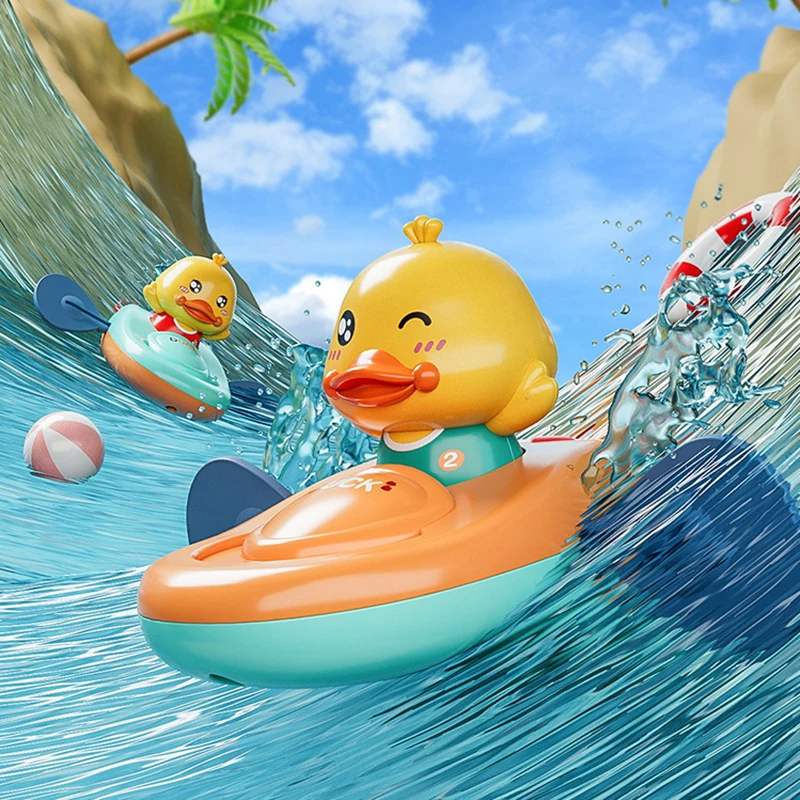 1pc Classic Water Toy Cute Cartoon Duck Bath Props Back Rowing Boat Baby Bathing Swim Duck Chain Clockwork Toy For Children