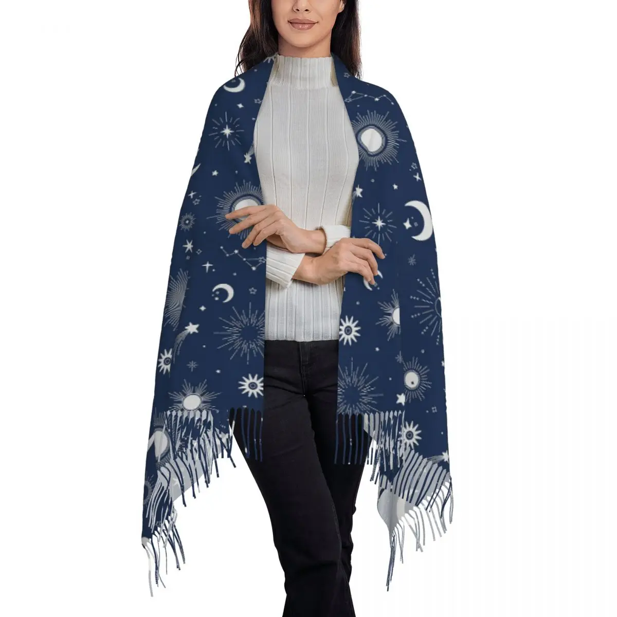 Starry Sky Space Galaxy Sun Moon Scarf Tassel Scarves for Women Soft Warm Shawls and Wraps Large Fall Winter Shawl Wrap