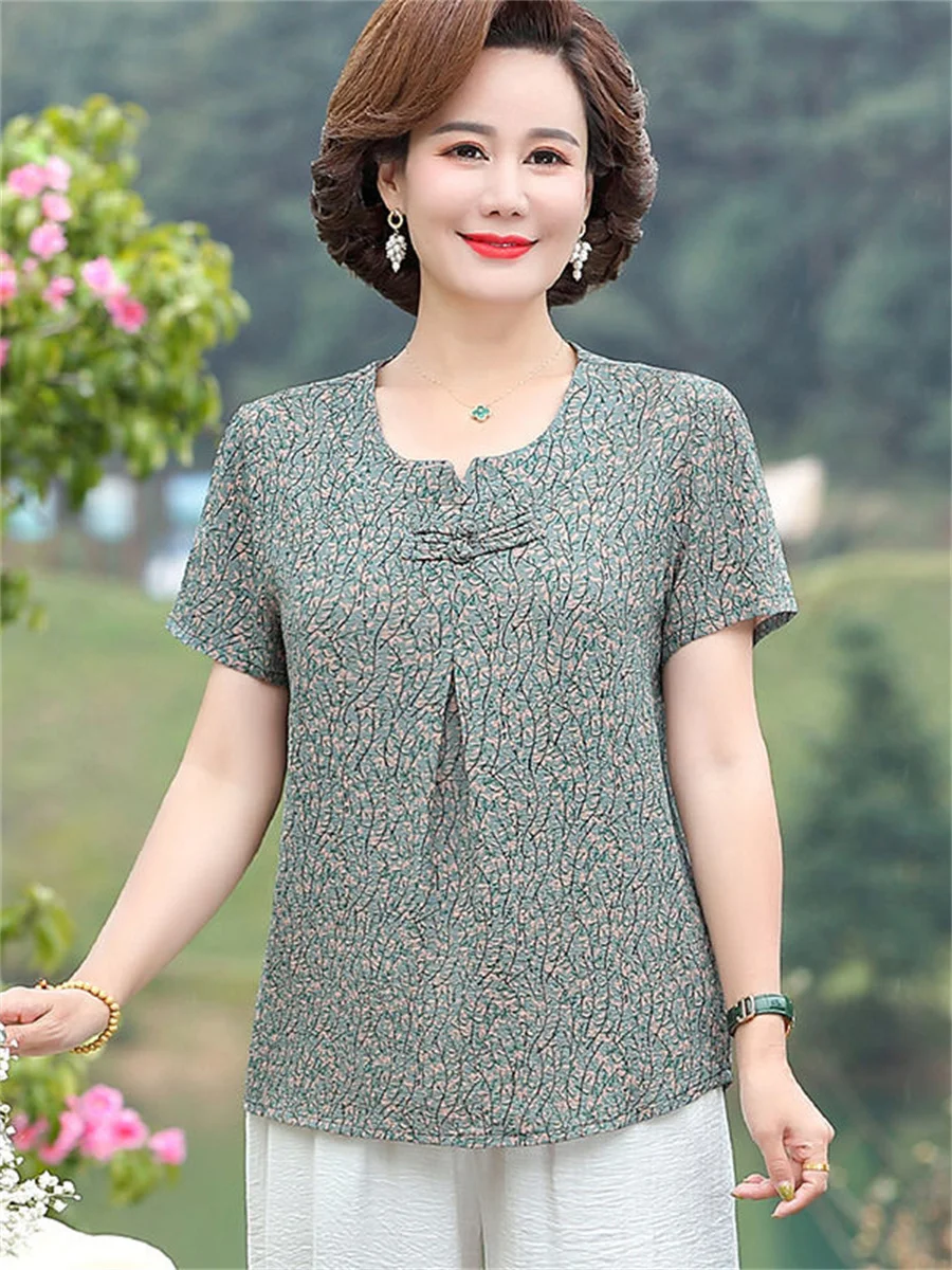 5XL Women Spring Summer Blouses Shirts Lady Fashion Casual Short Sleeve O-Neck Flower Printing Blusas Tops TT2120