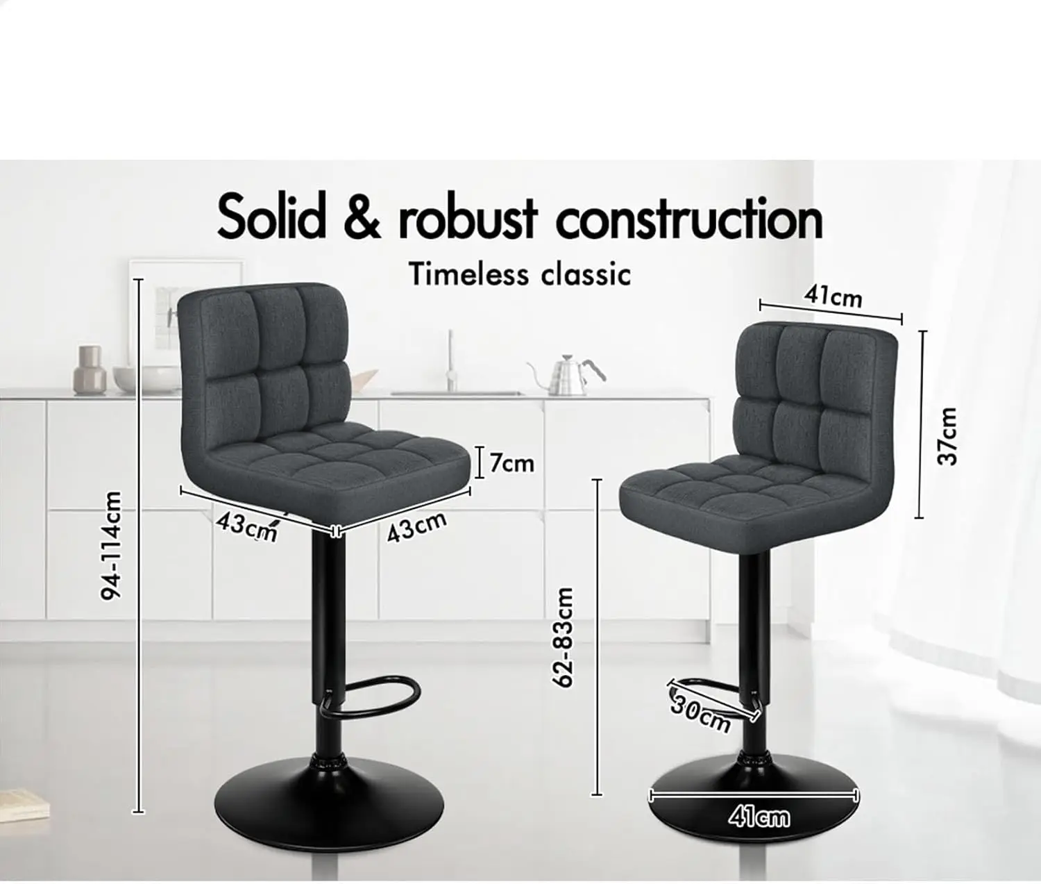 مجموعة مقاعد بار مكونة من 2 مقاعد مطبخ قابلة للتعديل، مقاعد دوارة للبار، كرسي طعام من القماش في ارتفاع المقعد 62-83 سم مع فلو #2