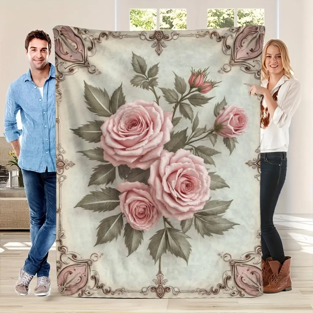Pale Cream Backdrop Retro Ornate Frame Soft Pink Rose Green Leaf Romantic Floral Full Print Fluffy Blanket Couch Cover Gift