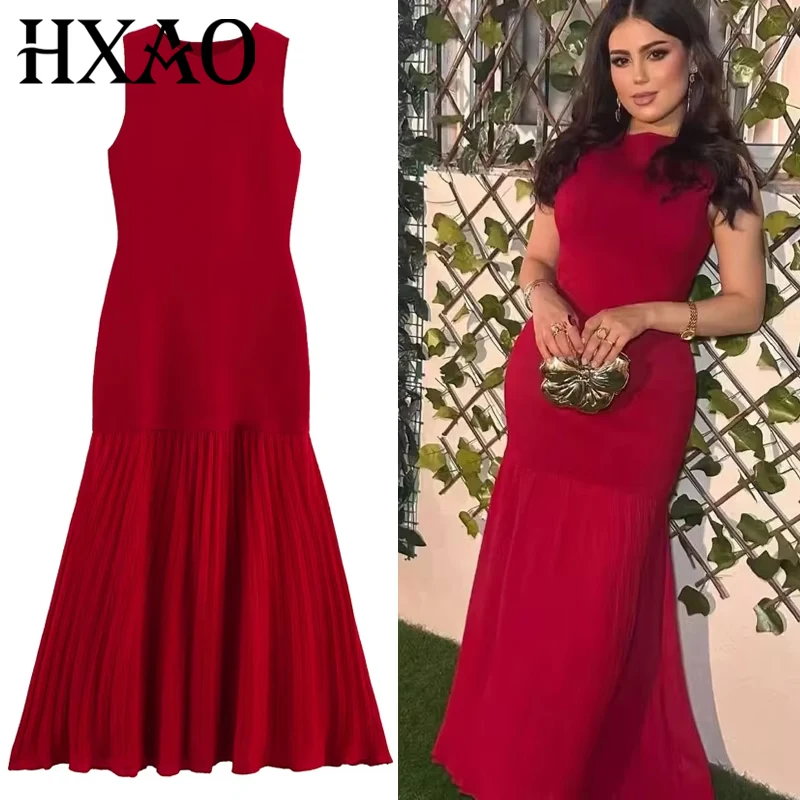 HXAO Red Dress Women's Dress Spring Summer 2025 Ruffled Knit Patchwork Long Dresses Casual Party Dresses Chic Sleeveless Vestido