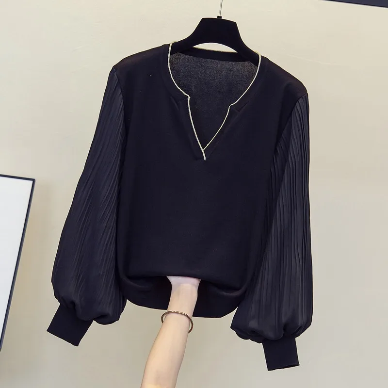 

plus Size Women's Knitted T-Shirt Base Shirt Fat Sister Early Spring New Folded Hem Thin Sweater Lantern Sleeve Top Trendy