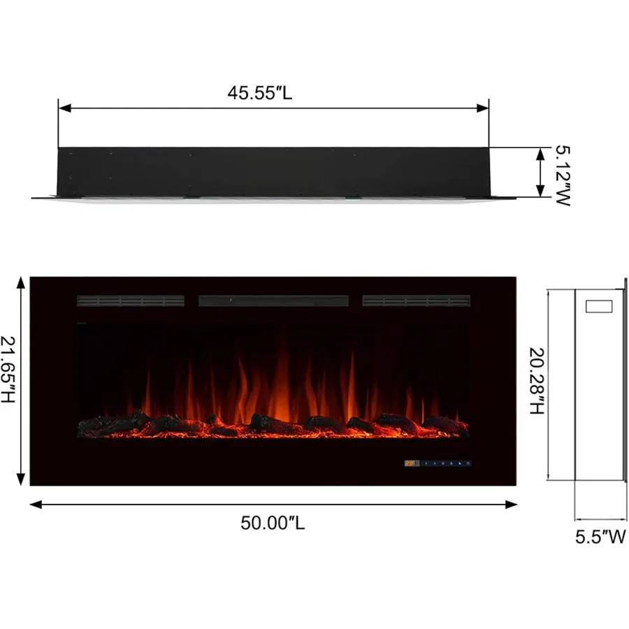 Camino elettrico da incasso da 50 pollici per soggiorno con controllo touch screen Funzionamento remoto Logset di protezione da surriscaldamento