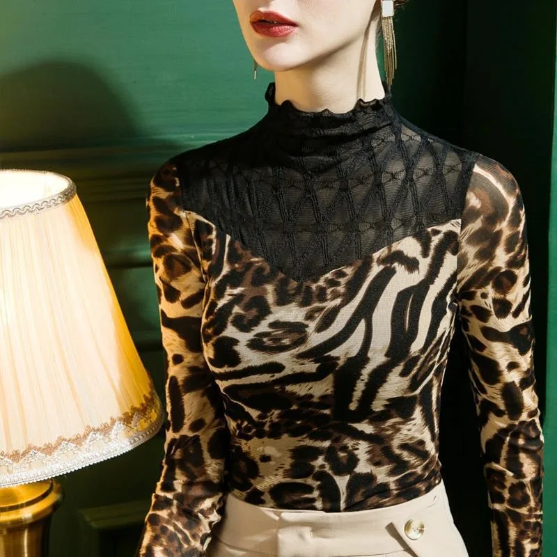 

Autumn New Half Turtleneck Lace Bottoming Shirt for Women Leopard Print Mesh Sexy Splicing Long-sleeved Top