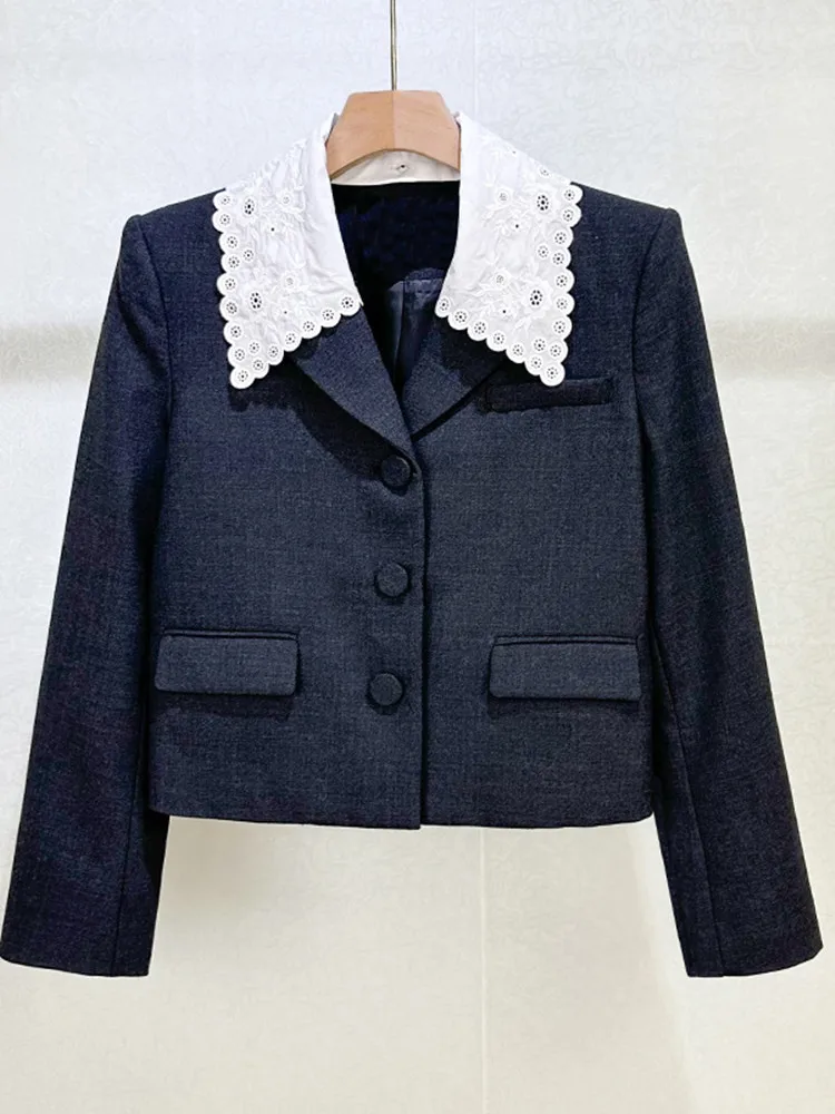 Dark Gray Women's 2026 Spring Commuter Coat Short Versatile Suit Jacket with Embroidered Detachable Collar
