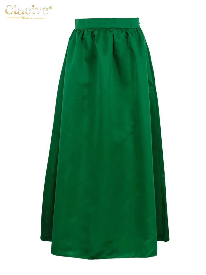 Clacive Elegante Groene Satijnen Damesrok 2023 Mode Hoge Taille Lange Rok Casual Losse Klassieke Rokken Dameskleding