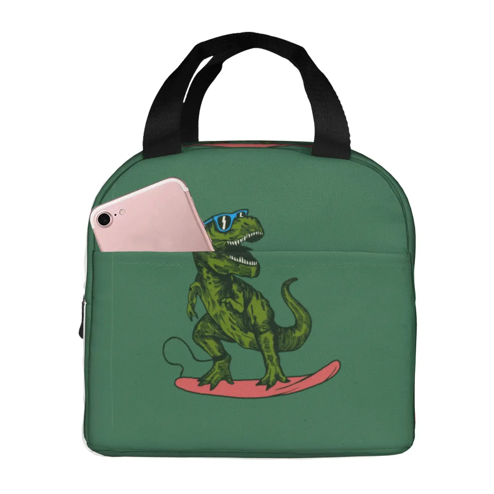 Green Cartoon Skateboard Dinosaur Print Lunch Tote Bag Insulated Leakproof Lunch Box Container with Front Pocket for Girls Boys