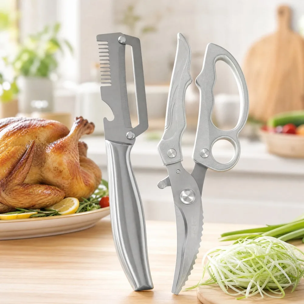 1,2Pcs Set of Kitchen Scissors and Peeler Combo Pack with Spring-Loaded Ejector & Non-Slip Ergonomic Handle Kitchen Tool