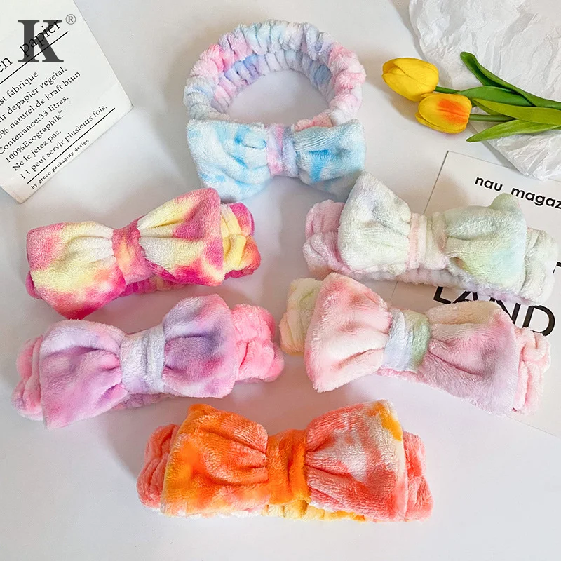 

Gradient Color Cosmetic Headband Wash Face Hairband Coral Fleece Bow Hair Bands Soft Elastic Hair Holder For Women Girls