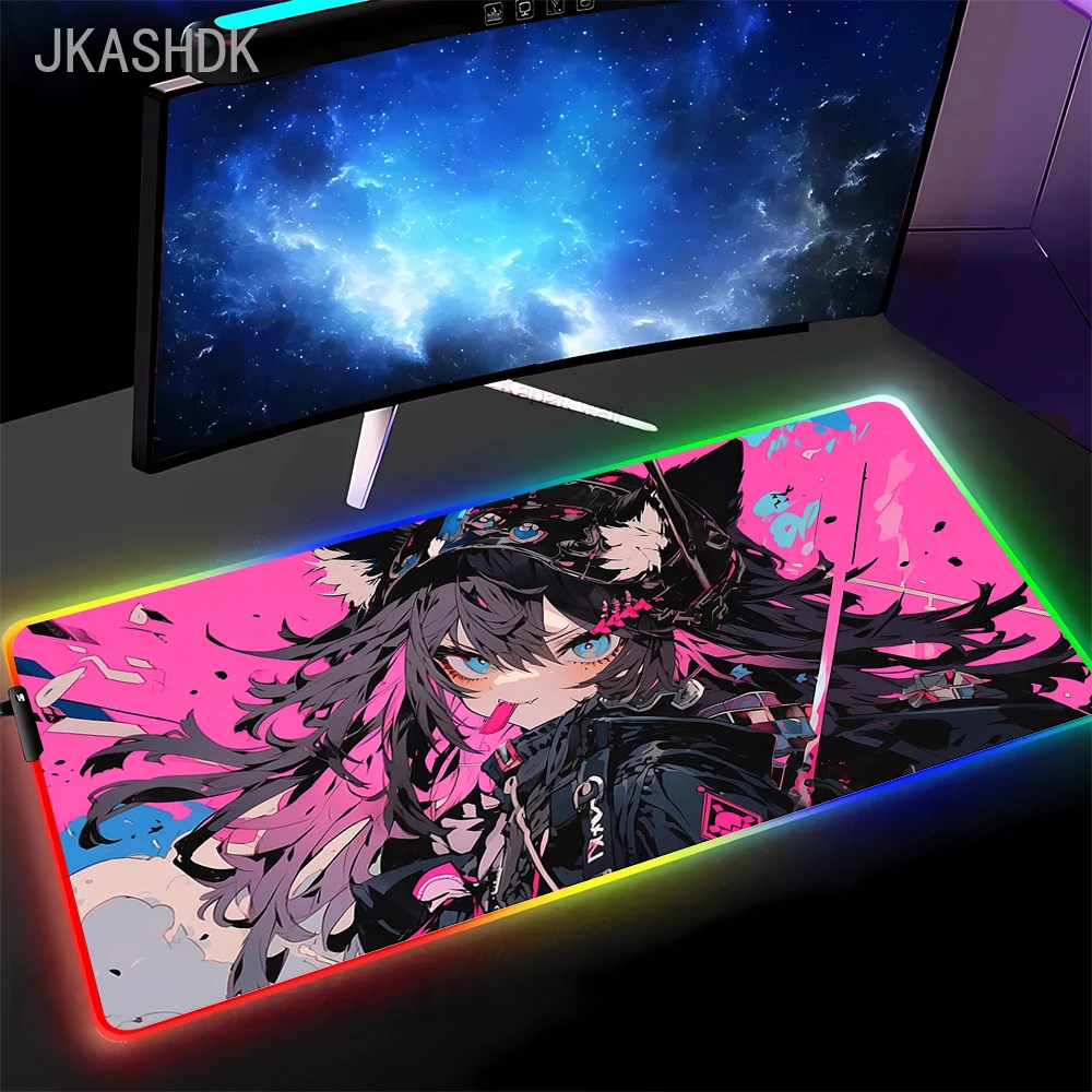 Kawaii Rosa HD Mouse Pad RGB PC Anime Girl Tastiera Mousepad LED Laptop Pc Accessori da gioco Cool Desk Mat XXL Tappeto colorato