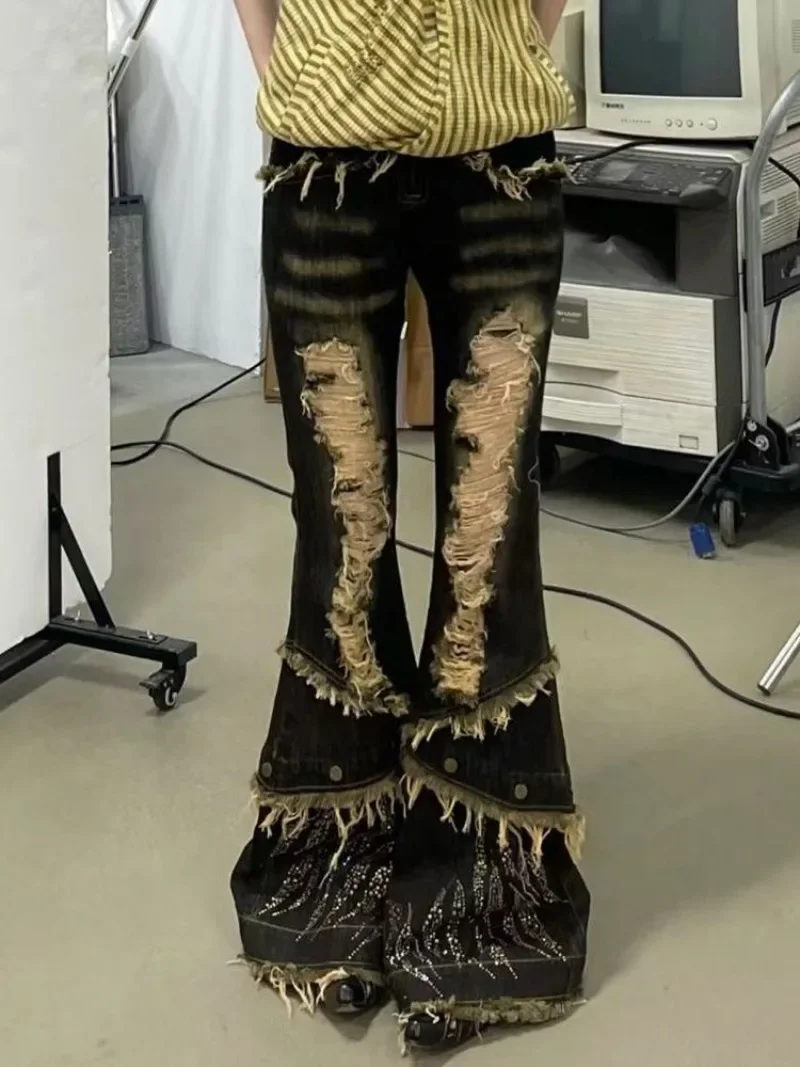 

Y2k Distressed Flared Jeans Japanese 2000s Style Black Jeans Vintage Gothic Punk High Waist Denim Pant Grunge Aesthetics