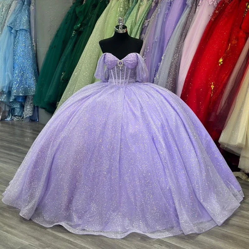 

Glittering Lavender Quinceanera Dress Sweetheart Princess Beads Crystal Sweet 16 Birthday Party Ball Gown Vestido De 15 Anos