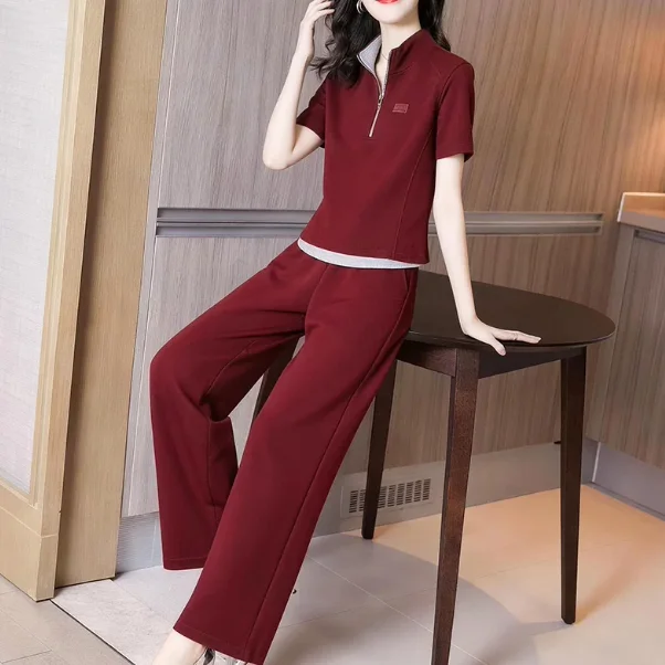 

Summer Luxury Sport Style Spliced Short Sleeve T-Shirt Wide Leg Pants Two-Piece Set Women's Wine Red Color Shirt Straigh...