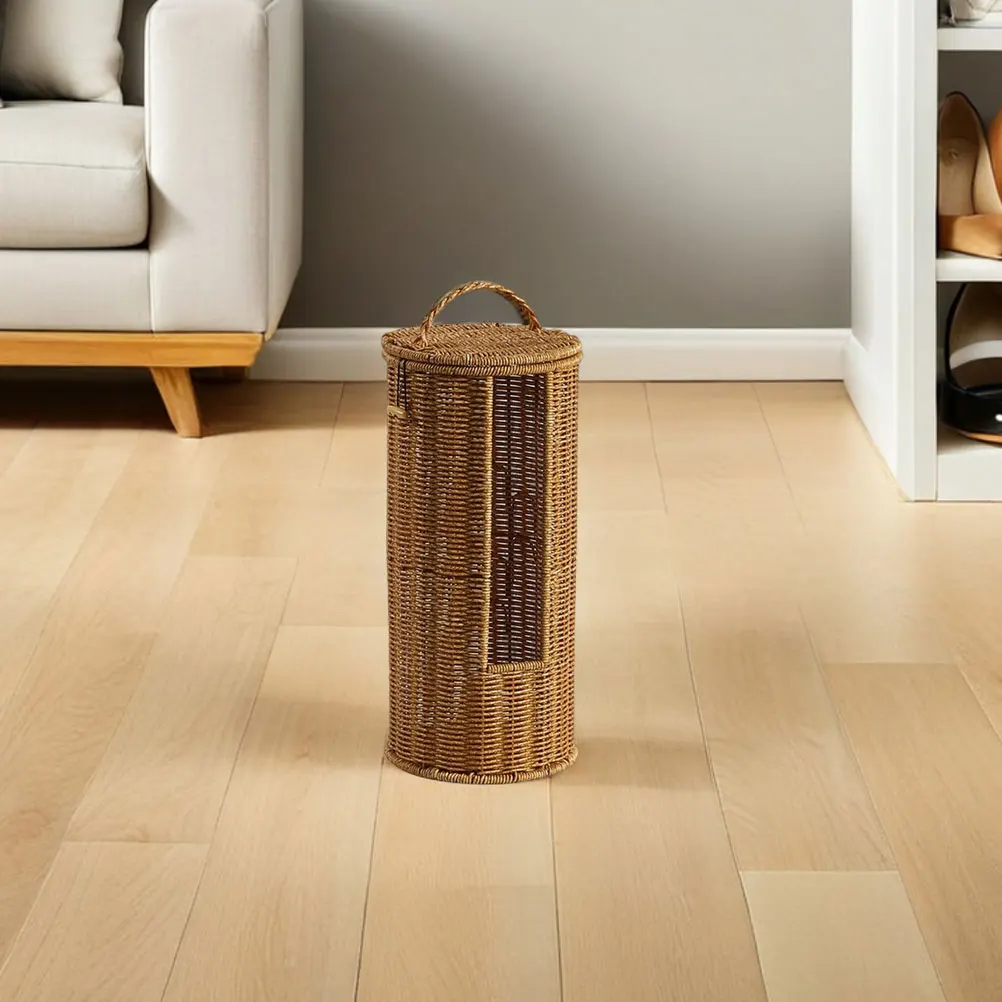 

Elegant Imitation Rattan Storage Basket with Lid Plastic Organizer for Bathroom Bedroom Living Room Hotel Use Space