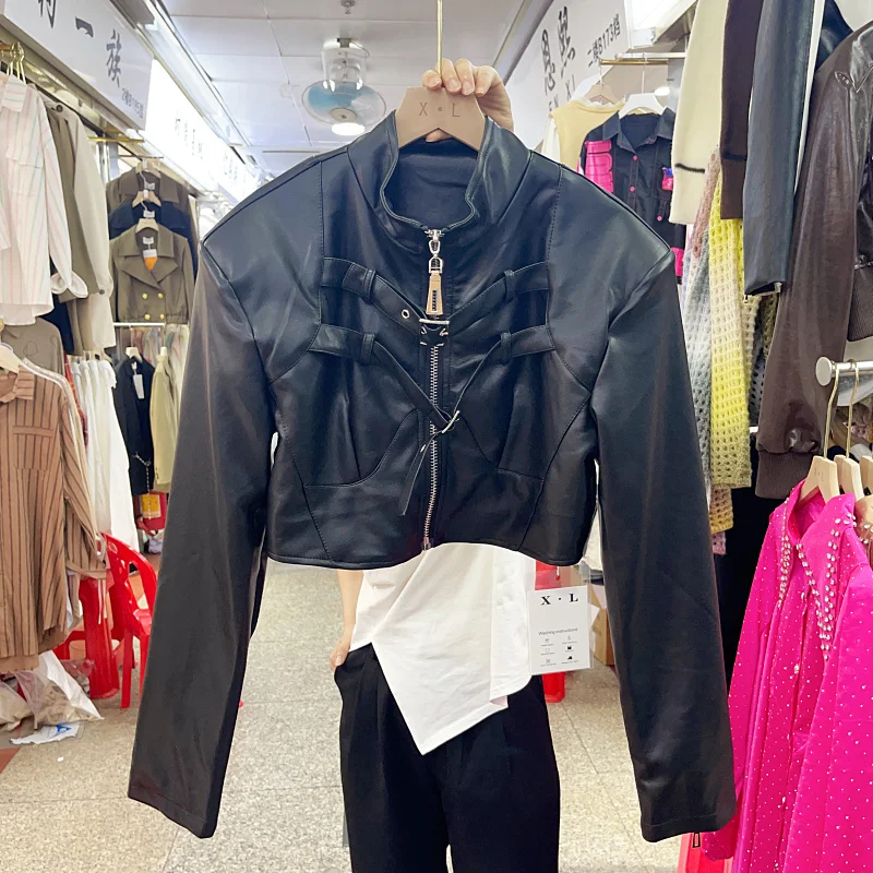 Streetwear Fashion Black Slim Short Faux PU Leather Jacket Stand Collar Long Sleeve Spring Autumn Female Motorcycle Biker Jacket