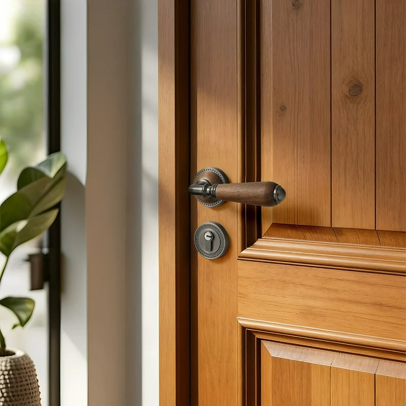Retro Interior Door Lock, Minimalist Bedroom, Walnut Wood Door Handle, Universal Silent Room Door Lock