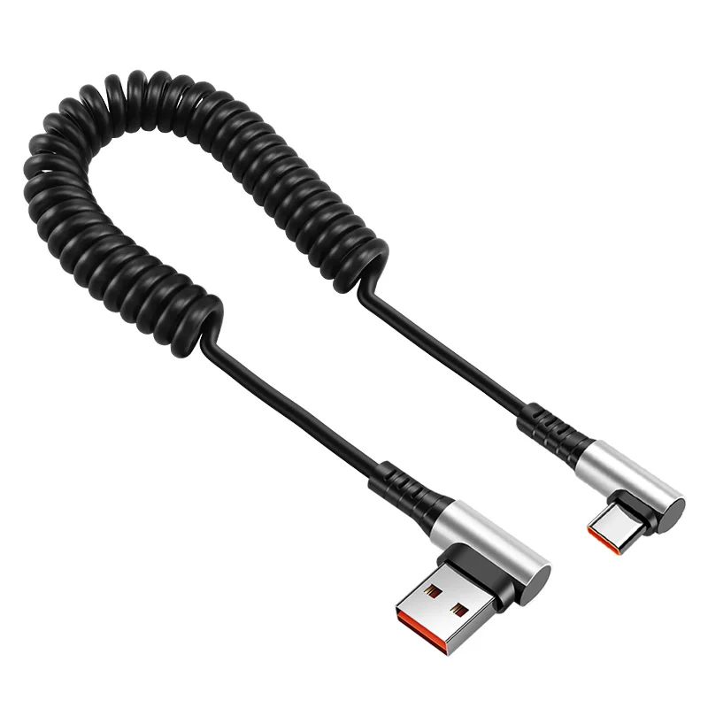 6A Fast Charging Spring Cable USB Type C 90° Elbow Car Phone Charger Cable For Samsung Xiaomi Huawei C to C Cable For iPhone 15